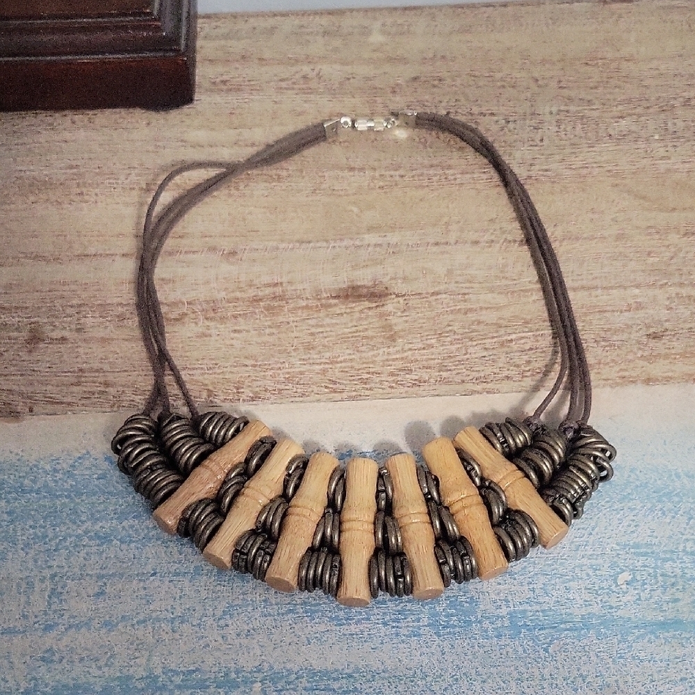 Artisan Brown wood bead and metal Necklace